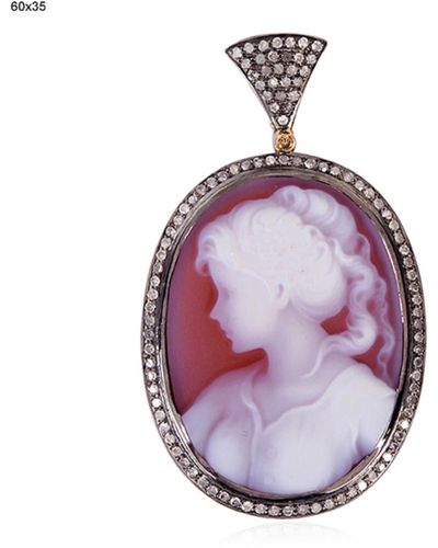 Artisan 18k Solid & Sterling Silver With Pave Diamond And Shall Cameo Face Pendant - Metallic