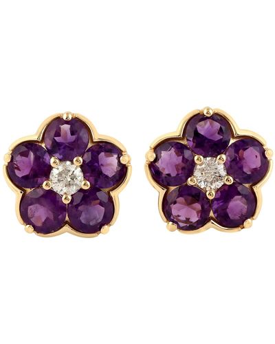 Artisan Amethyst Gemstone & White Diamond With 18k Solid Gold Clover Shape Stud Earrings - Purple