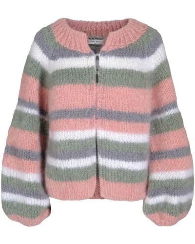 tirillm Soy Hand Knitted Chunky Mohair Cardigan Pastel Colored Stripes - Multicolour