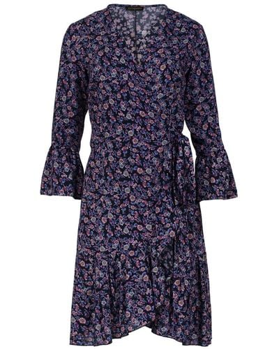 Conquista Floral Print Viscose Wrap Dress With Bell Sleeves - Blue