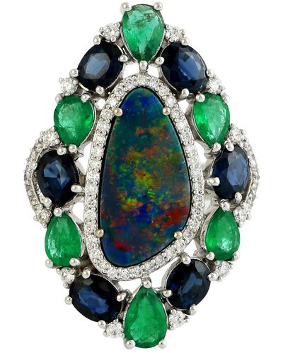 Artisan Opal Doublet & Pear Cut Emerald With Oval Blue Sapphire Pave Diamond In 18k White Gold Cocktail Ring - Green