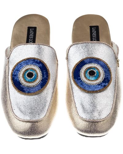 Laines London Classic Mules With Double Evil Eye Brooches - Blue