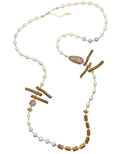Farra Freshwater Pearls With Golden Corals Statement Necklace - White