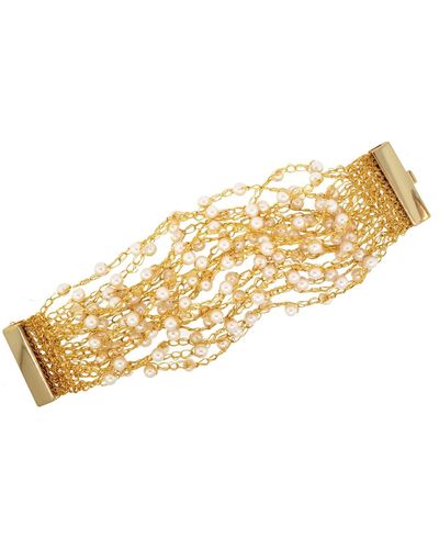Lavish by Tricia Milaneze Neutrals / Pearl & Gold Strings Handmade Crochet Bracelet - Metallic