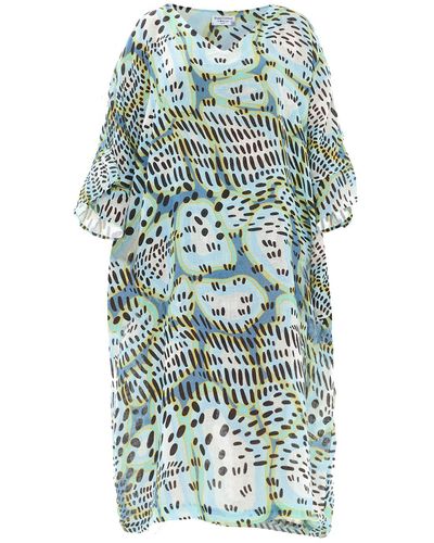 Haris Cotton Printed Asymmetrical Linen Dress With Flutter Sleeve - Blue