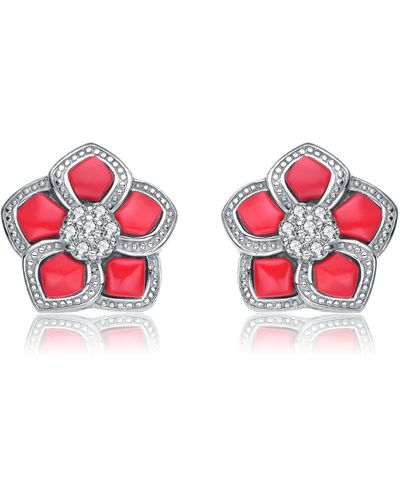 Genevive Jewelry Sterling Silver Cubic Zirconia Coral Flower Earrings - Red