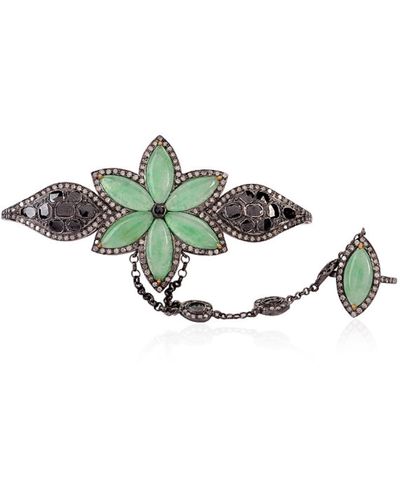 Artisan Marquise Jade & Diamond Floral Design Ring With Palm Bracelet In 18k Gold 925 Silver - Green