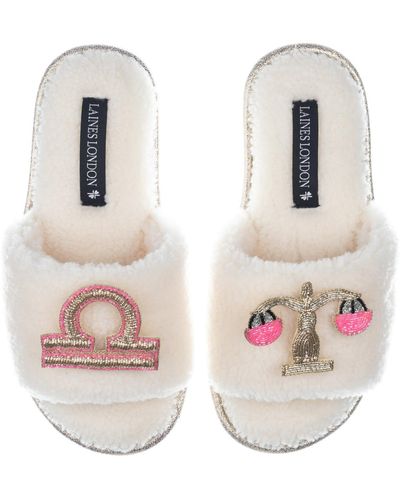 Laines London Teddy Towelling Slipper Sliders With Libra Zodiac Brooches - Pink