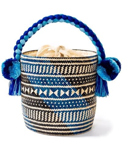 Washein Small Candy Woven Straw Bucket Bag - Blue