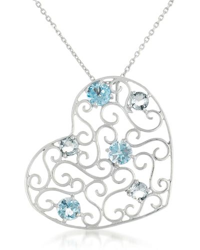 Genevive Jewelry Sterling Silver Genuine Blue Topaz Stone Intricate Heart Necklace