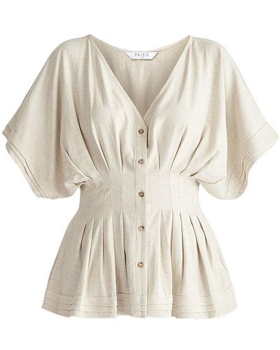 Paisie Neutrals Linen Blend Button Blouse In Oatmeal - White