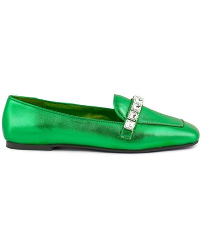 Rag & Co Churros Metallic Diamante Leather Loafers - Green