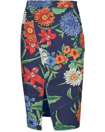 Conquista Floral Cotton Pencil Skirt In Red, & Green Shades - Blue