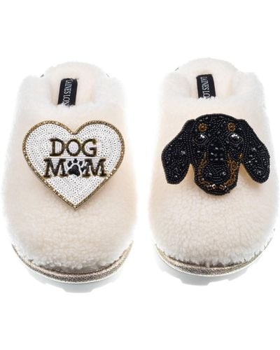 Laines London Teddy Closed Toe Slippers With Little Sausage & Dog Mum / Mom Brooches - Metallic