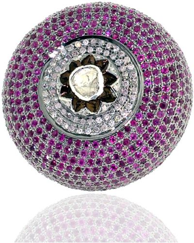 Artisan Multicolour Pave & Uncut Diamond In 14k Yellow Dome Cocktail Ring - Purple