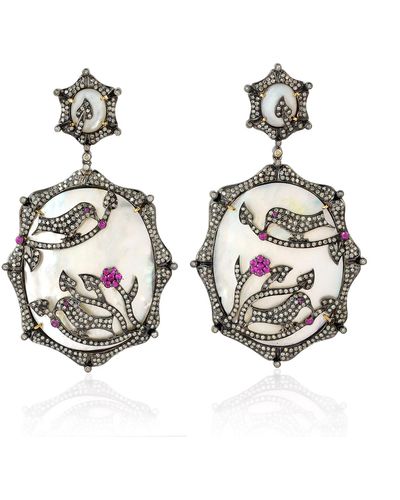 Artisan 18k Gold & Silver In Ruby With Pearl Pave Diamond Bird Design Handmade Dangle Earrings - Metallic