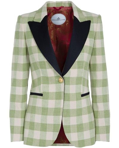 The Extreme Collection Single Breasted Plaid Cotton Blend Blazer With Velvet Flaps Berry - Green
