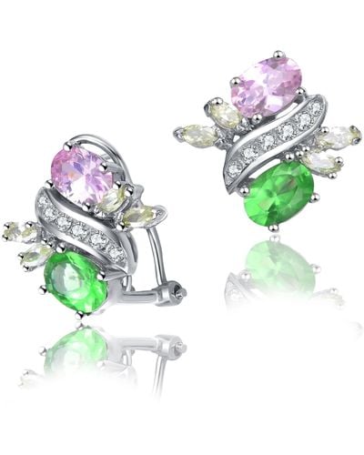 Genevive Jewelry Cubic Zirconia Sterling Silver White Gold Plated Pink And Green Earrings