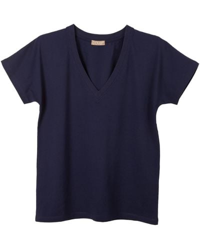 Cove Navy V Neck Short Sleeve Cotton T-shirt - Blue