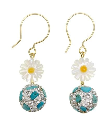 Farra Rhinestones Turquoise With Daisy Charm Dangle Earrings - Blue