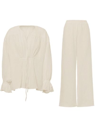 BLUZAT Neutrals Set With Blouse With Cuffs And Trousers - White