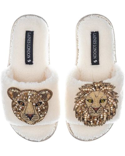 Laines London Teddy Towelling Slipper Sliders With Lion & Lioness Brooches - Metallic