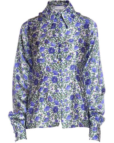Sofia Tsereteli Silk Shirt In Purple Botanica Print - Blue