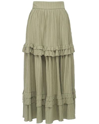 Smart and Joy Long Pleated Skirt With Tiered Ruffles - Green