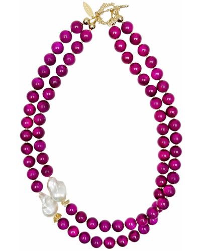 Farra Magenta Gemstones With Baroque Pearls Double Layers Necklace - Pink