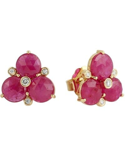 Artisan 18k Yellow Gold With Red Ruby & Bezel Set Diamond Trio 3 Stone Stud Earrings - Pink