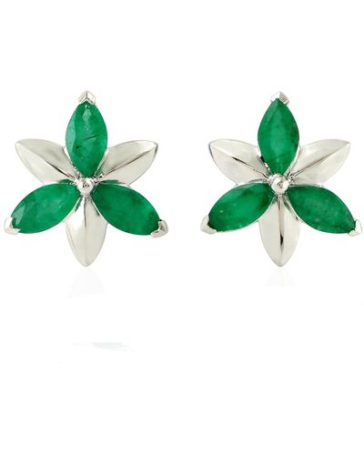 Artisan Handmade 14k Yellow Gold Flower Stud Earrings Emerald Gemstone - Green