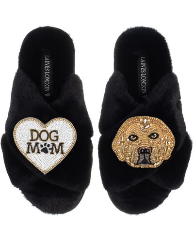 Laines London Classic Laines Slippers With Skip The Golden Lab & Dog Mum / Mom Brooches - Black