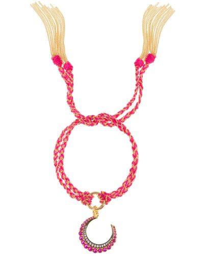 Patroula Jewellery Fuschia Silk And Gold Chain Crescent Moon Friendship Bracelet - Red