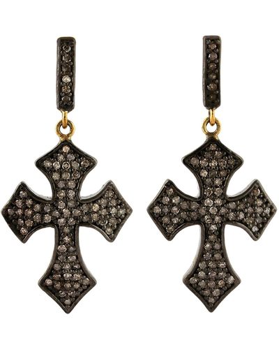 Artisan 14k Gold & 925 Sterling Silver In Studded Diamond Cross Dangle Earrings - Metallic