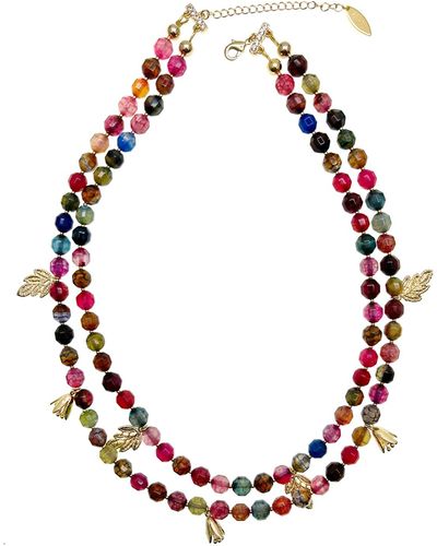 Farra Double Layers Agate Necklace With Flower And Leaves Charms - Red