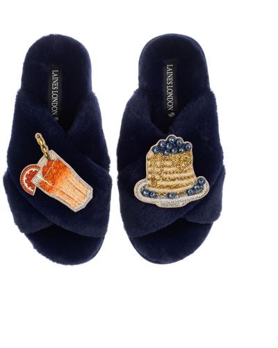 Laines London Classic Laines Slippers With Berry Pancake Stack & Oj Brooches - Blue