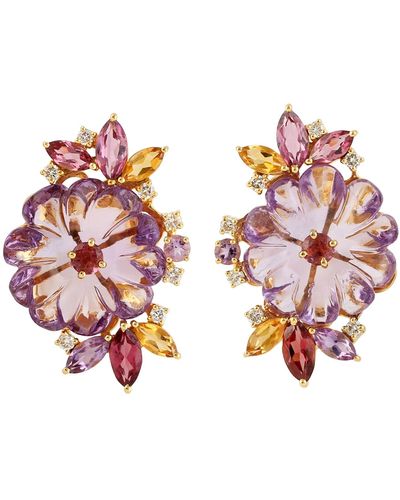 Artisan 18k Solid Gold Natural Carved Amethyst Marquise Rhodolite Citrine Sapphire Diamond Flower Earrings - Pink