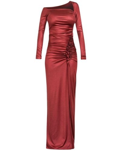 Cliché Reborn Maxi Asymmetric Long Sleeve Dress With Ruched Detail In - Red