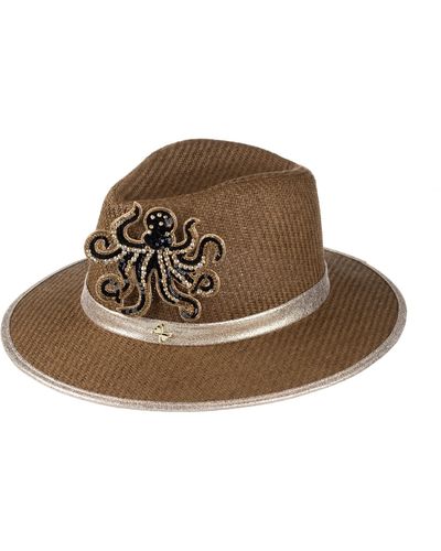Laines London Straw Woven Hat With Embellished Black & Gold Octopus Brooch - Brown