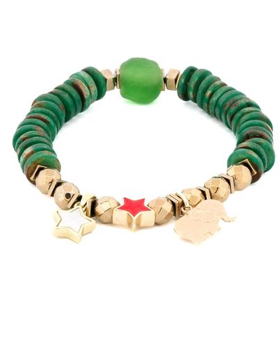 Ebru Jewelry Lucky Star & Elephant Charm Green Beaded Bracelet