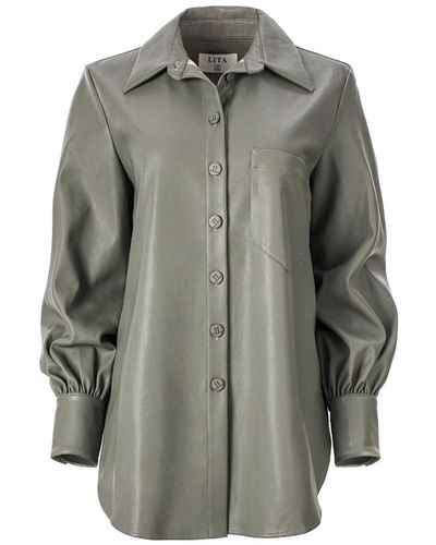 Lita Couture Vegan-leather Shirt In Olive - Gray