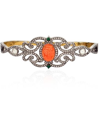Artisan Carved Coral & Emerald With Pave Diamond In 18k Gold And Silver Antique Palm Bracelet - White