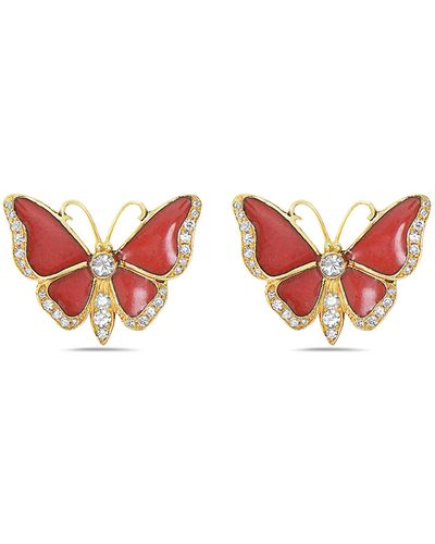 Artisan 18k Yellow Gold With Natural Diamond Butterfly Design Enamel Stud Earrings - Red