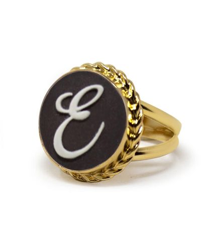 Vintouch Italy Gold Vermeil Black Cameo Ring Initial E - Metallic