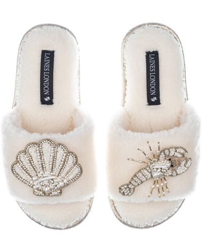 Laines London Teddy Toweling Slipper Sliders With Beaded Shell & Lobster Brooches - White