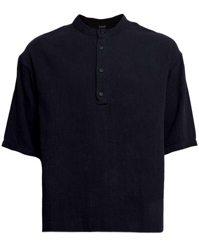 Monique Store Linen Mandarin Neck Half Button Short Sleeve Shirt - Blue