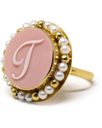Vintouch Italy Gold Vermeil Pink Cameo Pearl Ring Initial T