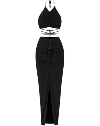Cliché Reborn Set Of Long Skirt With Slit & Top With Ties - Black