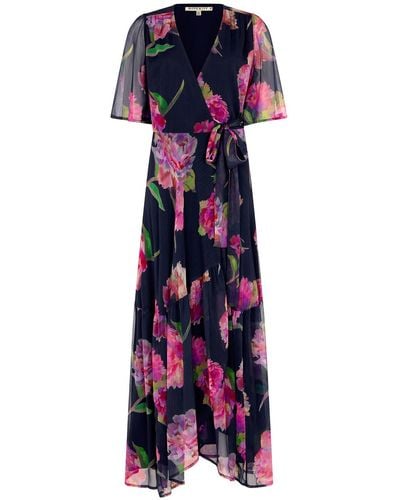 Hope & Ivy The Ashia Flutter Sleeve Maxi Wrap Dress With Tie Waist - Purple