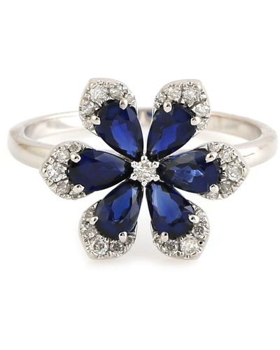 Artisan Pear Blue Sapphire Gemstone & White Diamond In 18k White Gold Daisy Flower Exclusive Ring